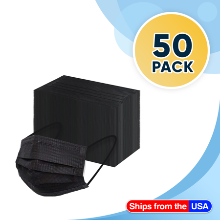 Black Disposable Face Masks, 3-ply Breathable Masks, Elastic Ear Loop Mask - Black Color Pack of 50