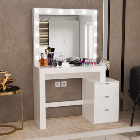 Boahaus Aurora Modern Vanity Table, White Finish, Light Bulbs, for Bedroom