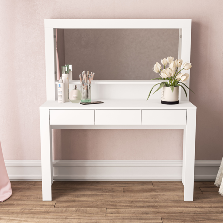 Boahaus Calypso Dressing Table, White, 3 drawers, wide mirror