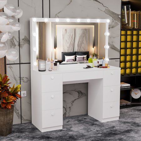 Boahaus Freya Modern Lighted Vanity Table, White Finish, for Bedroom