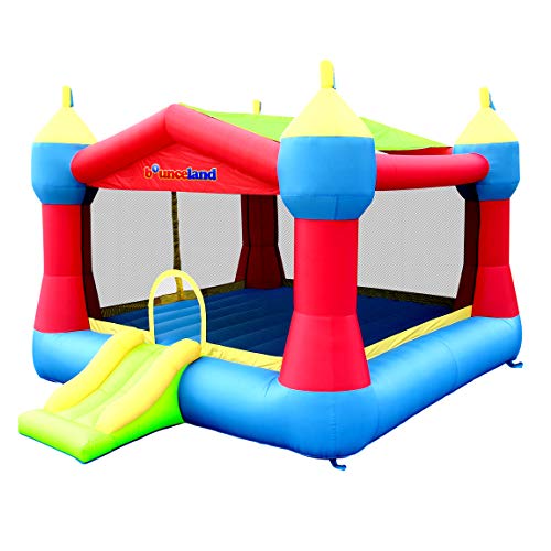 Bounceland Inflatable Party Castle Bounce House Bouncer, 16 ft L x 13 ft W x 10.3 ft H, Basketball Hoop, Removable Sun Roof, UL Strong Blower included, Fun Slide and Bounce Area, Castle Theme for Kids