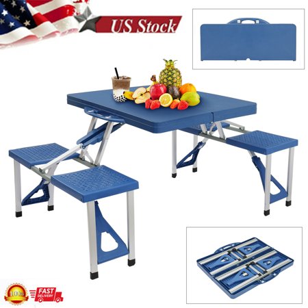 Brand New 4 Person Aluminum Portable Compact Folding Suitcase Picnic Table Set with Umbrella Hole