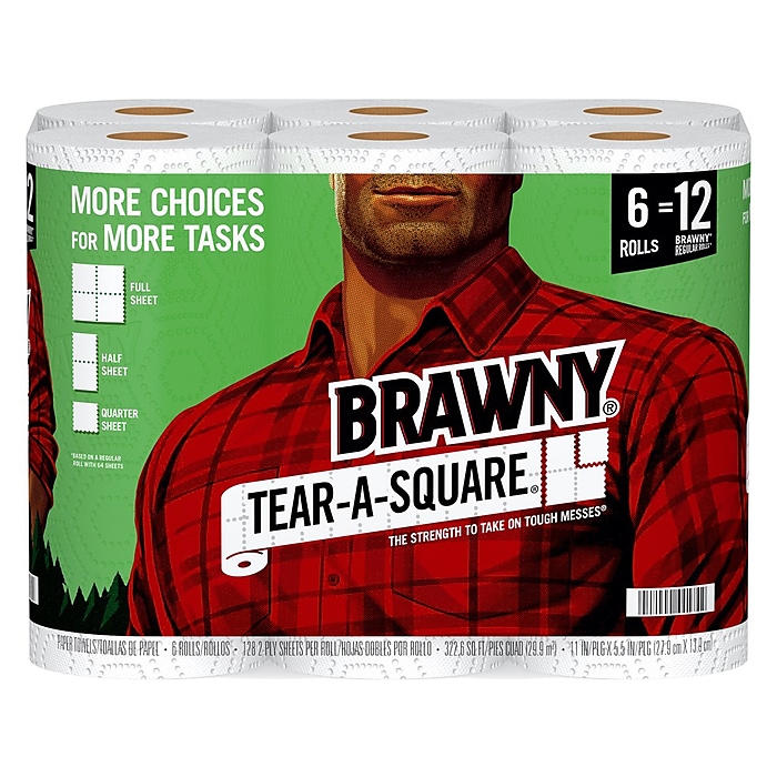 Brawny Tear-A-Square Kitchen Roll Paper Towels, 2-Ply, 128 Sheets/Roll, 6 Rolls/Pack (441745) on Sale At Staples