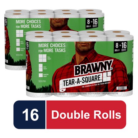 Brawny Tear-A-Square Paper Towels, White, 16 Double Rolls