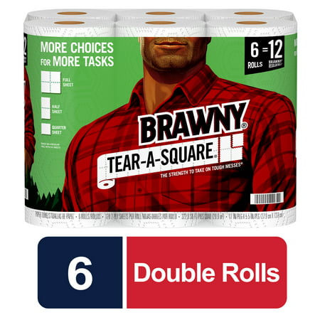 Brawny Tear-A-Square Paper Towels, White, 6 Double Rolls = 12 Regular Rolls, 3 Sheet Size Options, Quarter Size Sheets