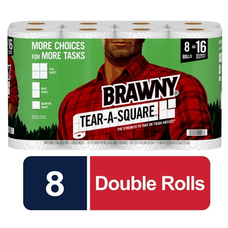 Brawny Tear-A-Square Paper Towels, White, 8 Double Rolls = 16 Regular Rolls, 3 Sheet Size Options, Quarter Size Sheets