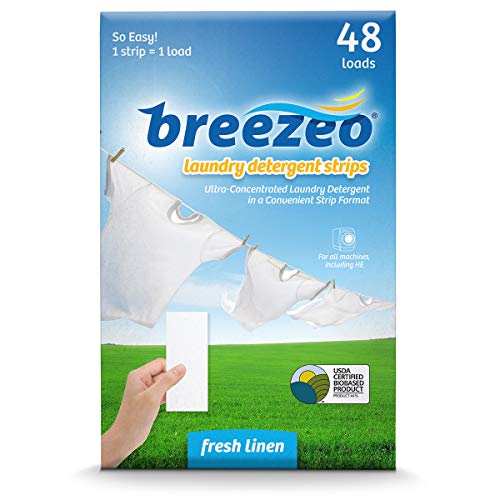 Breezeo Laundry Detergent Strips (Laundry Detergent Sheets), Fresh Linen Scent, 48 Loads – More Convenient than Pods, Pacs, Liquids or Powders – Great for Home, Dorm, Travel, Camping & Hand-Washing