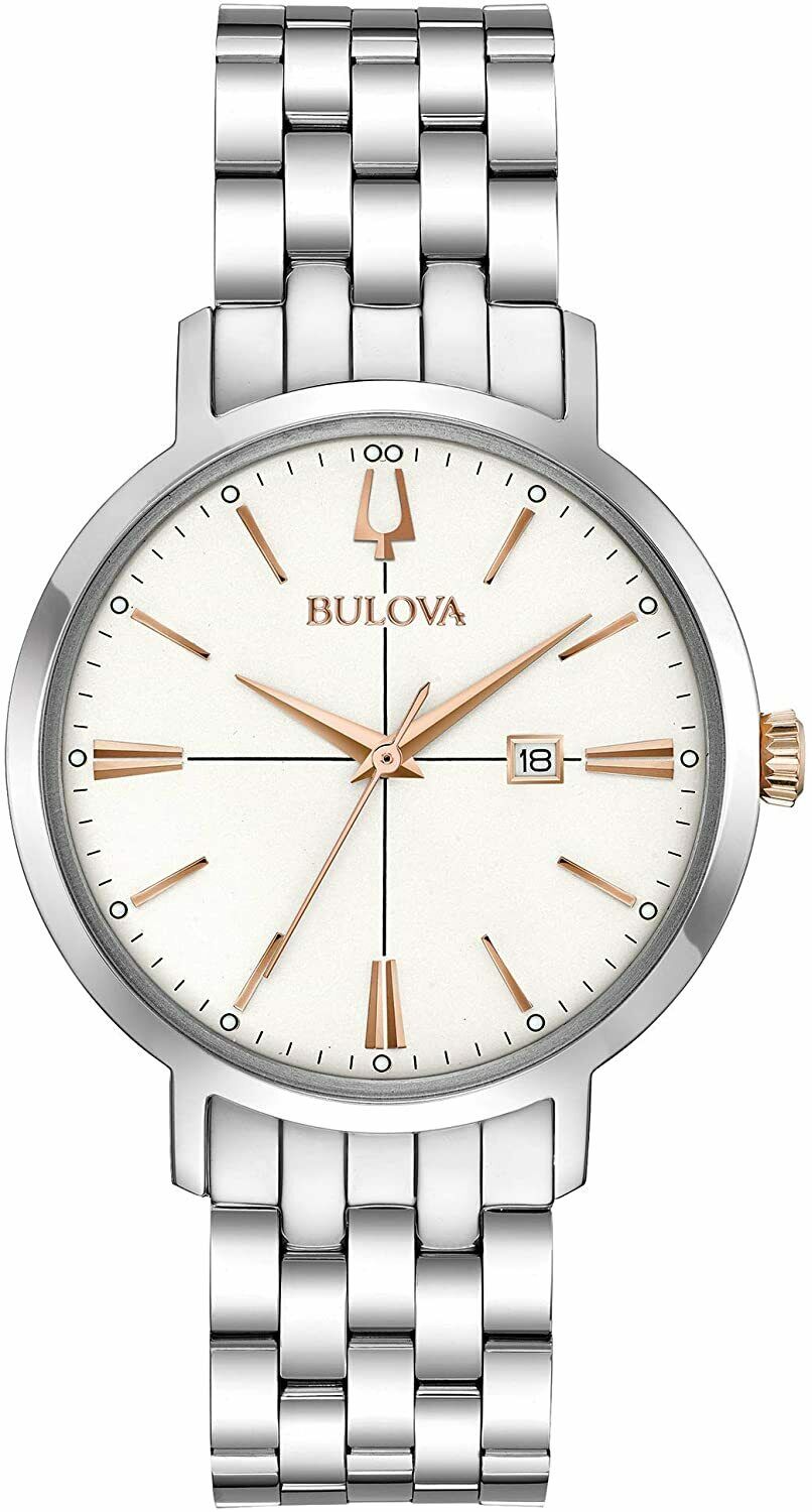 Bulova 98M130 Aerojet Silver Tone White Date Dial Slim Classic Womens Watch
