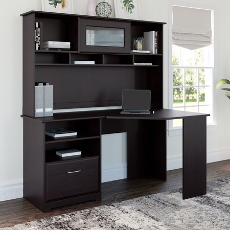 Cabot Modern 60W Corner Desk with Hutch, includes File Drawer and Storage Shelves in Espresso Oak