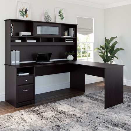 Cabot Modern 72W L Shaped Computer Desk with Hutch and Drawers in Espresso Oak