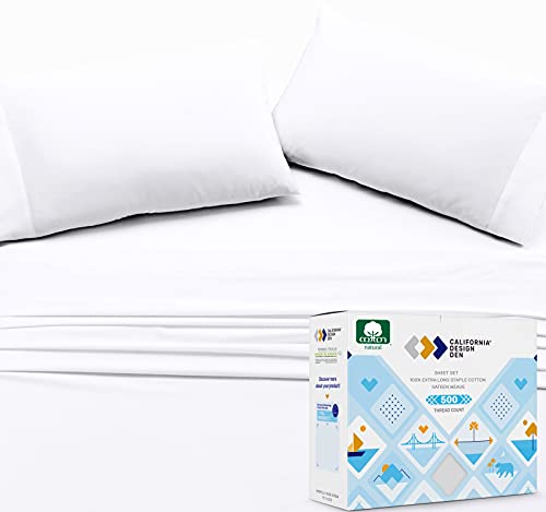 California Design Den 100% Cotton Hypoallergenic/Breathable/Stain-Resistant, 500 Thread Count, Solid 4-Piece Bed Sheet Set (1 Flat, 1 Fitted Sheet, 2 Pillow Covers), Queen White Sheets Set