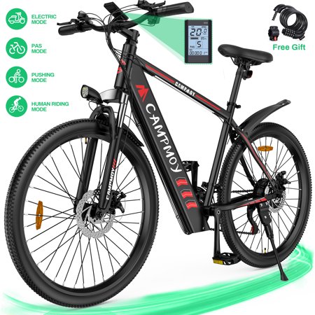 Campmoy 350W Electric Mountain Bike, Shimano 21-Speed Shifter, Built-in 36V/10.4Ah Battery, Adult Ebike Electric Bicycle with 4 Working Modes, Up to 20MPH Speed, IPX5 Waterproof, Free Bike Lock