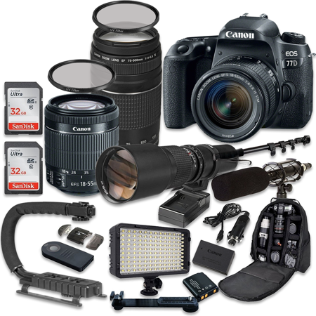 Canon EOS Rebel 77D DSLR Camera Bundle with Canon EF-S 18-55mm f/4-5.6 IS STM Lens + Canon EF 75-300mm f/4-5.6 III Lens + 500mm f/8 Preset Lens + Accessory Kit