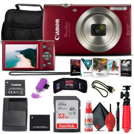Canon PowerShot ELPH 180 Digital Camera (Red) (1096C001) + 32GB Card + NB11L Battery + Case + Charger + Card Reader + Corel Photo Software + Flex Tripod + Memory Wallet + Cleaning Kit + USB Cable