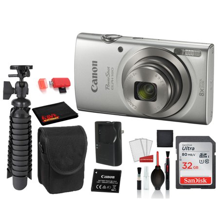 Canon PowerShot ELPH 180 Digital Camera (Silver) (1093C001) with Accessory Bundle package deal ' SanDisk 32gb SD card + Camera Case + 12' Tripod + MORE