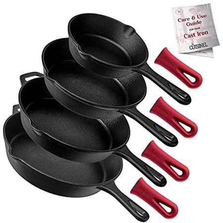 Cast Iron Skillet Set - 4-Piece Chef Pan - 6" + 8" + 10" + 12"-Inch + 4 Heat-Resistant Handle Holder Grips - Pre-seasoned Oven Safe Cookware - Indoor/Outdoor Use - Grill, Stovetop, BBQ, Induction Safe