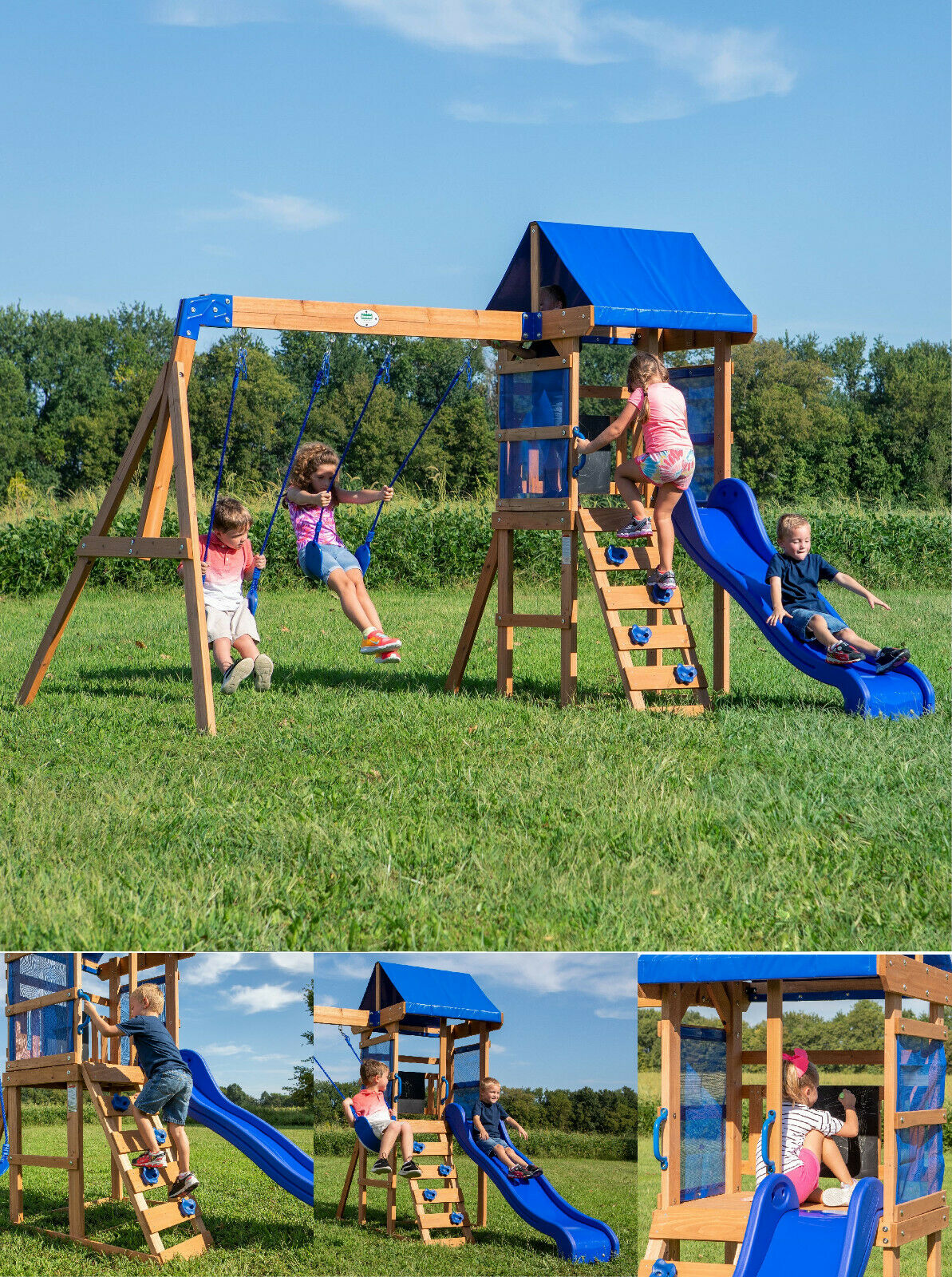 Cedar Wood Swing Set Kids Slide Backyard Playground Rockwall Climb Ladder Combo