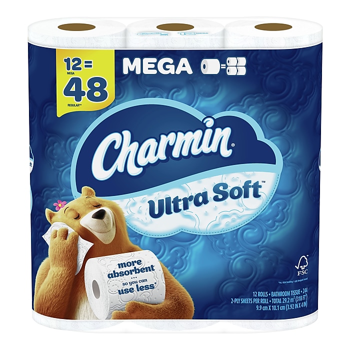 Charmin Ultra Soft Toilet Paper, 2-Ply, White, 244 Sheets/Roll, 12 Mega Rolls/Pack (61789)
