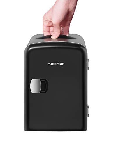 Chefman Mini Portable Compact Personal Fridge Cools & Heats, 4 Liter Capacity Chills Six 12 oz Cans, 100% Freon-Free & Eco Friendly, Includes Plugs for Home Outlet & 12V Car Charger - Black