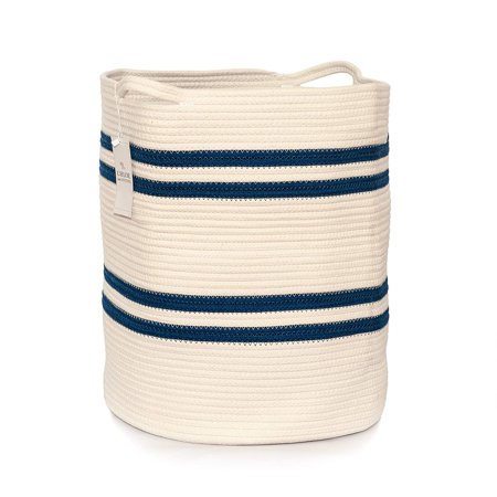 Chloe and Cotton Extra Large Tall Woven Rope Storage Basket 19 x 16 inch Navy White Handles | Decorative Laundry Clothes Hamper, Blanket, Towel, Baby Nursery Diaper, Toy Bin Cute Collapsible Organizer