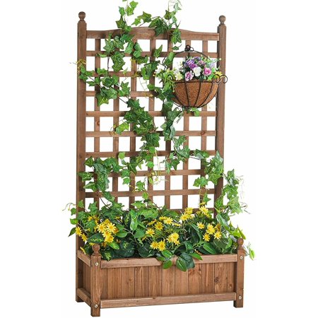 CINAK Raised Garden Bed with Trellis, Solid Fir Wood Garden Bed, 4x2.2x1 FT Garden Box for Vine Climbing Plants