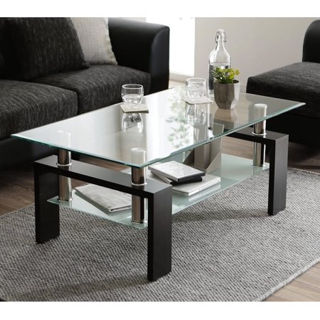 Clear Rectangle Modern Glass Coffee Table with Lower Shelf, Metal Legs for Living Room, L5509