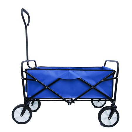 Clearance Folding Wagon Utility Cart, Folding Outdoor Beach Wagon with Adjustable Handle & 2 Mesh Cup Holders, Wagon Perfect for Camping, Concerts, Sporting Events, Beach, 150lbs, Blue, S10484