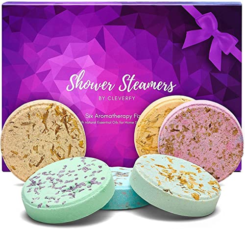 Cleverfy Aromatherapy Shower Steamers - Variety Pack of 6 Shower Bombs with Essential Oils. Mothers Day Ideas for Mom from Daughters. Purple Set Shower Steamer MOTHERS DAY DEAL!