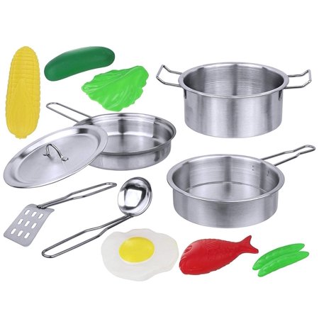 Click N' Play 12 Piece Kids Play Cookware and Kitchen Accessories | Toy Kitchen Accessories | Pretend Mini Stainless-Steel Pots and Pans | Pretend Playset with Kids Play Food Toys