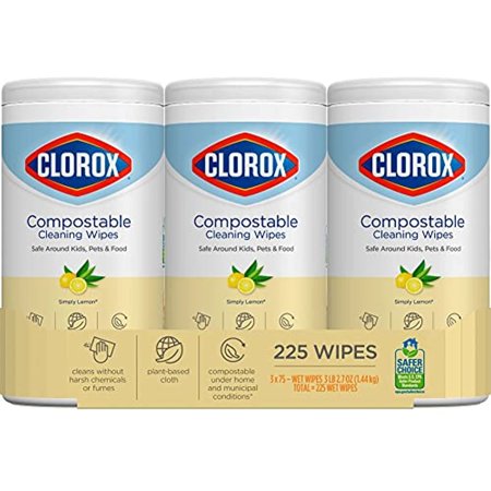 Clorox Compostable Cleaning Wipes, All Purpose Wipes, Simply Lemon, 75 Count, 3 Pack