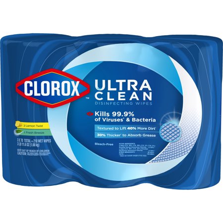 Clorox Ultra Clean Disinfecting Wipes (210 ct Value Pack), 2 Lemon Twist + 1 Fresh Breeze, 70 ct. each (Pack of 3)
