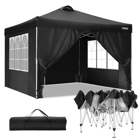 COBIZI 10'x10' Pop Up Canopy Tent, Outdoor Instant Party Canopy, Air Vent on The Top, 4 Removable Sidewalls, 3 Adjustable Height with Carrying Bag, 4 Ropes & 8 Stakes & 4 Sandbags, Black