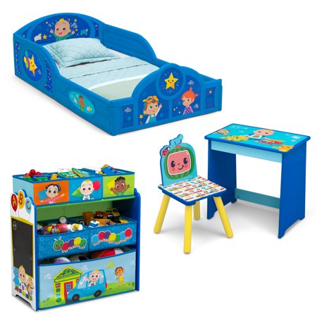 Cocomelon 4-Piece Room-In-A-Box Bedroom Set By Delta Children - Includes Sleep &Amp; Play Toddler Bed, 6 Bin Design &Amp; Store Toy Organizer And Art Desk With Chair