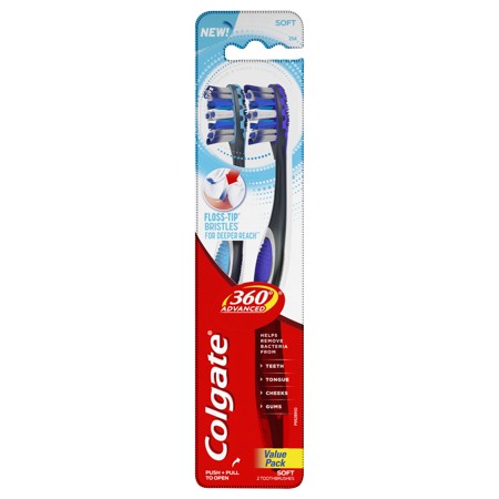Colgate 360° Advanced Floss-Tip Bristles Toothbrush, Soft, 2 Count