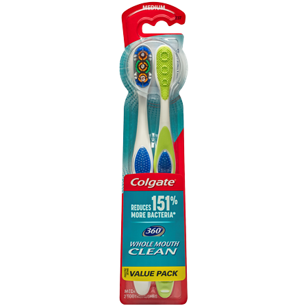 Colgate 360° Manual Toothbrush with Tongue and Cheek Cleaner, Medium, 2 Ct