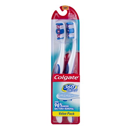 Colgate 360° Manual Toothbrush with Tongue and Cheek Cleaner, Soft, 2 Count