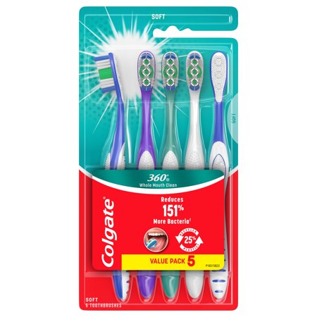 Colgate 360° Manual Toothbrush with Tongue and Cheek Cleaner, Soft, 5 Count