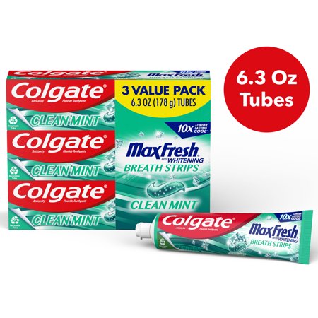 Colgate Max Fresh with Whitening Toothpaste with Mini Breath Strips, Clean Mint Toothpaste for Bad Breath, 6.3 Oz Tube, 3 Pack