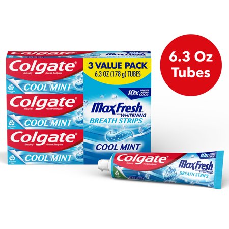 Colgate Max Fresh with Whitening Toothpaste with Mini Breath Strips, Cool Mint Toothpaste for Bad Breath, 6.3 Oz Tube, 3 Pack