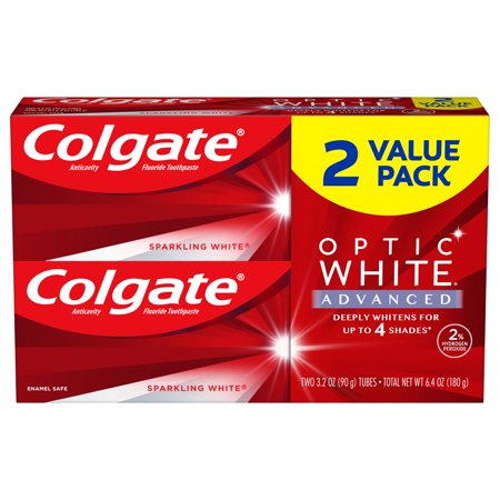 Colgate Optic White Advanced Teeth Whitening Toothpaste, Sparkling White, 3.2 Oz, 2 Pack