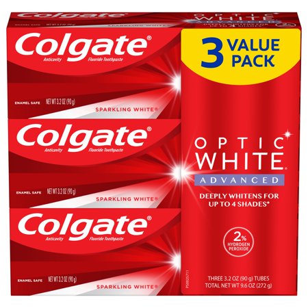 Colgate Optic White Advanced Teeth Whitening Toothpaste, Sparkling White, 3.2 Oz, 3 Pack
