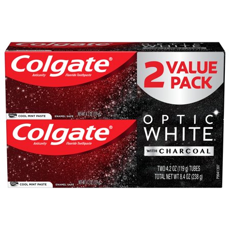 Colgate Optic White with Charcoal Whitening Toothpaste, Cool Mint Black and White Striped Paste – 4.2 Ounce (2 Pack)