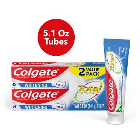 Colgate Total Teeth Whitening Toothpaste, Mint Toothpaste, 2 Pack, 5.1 Oz Tubes