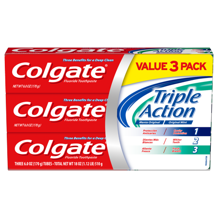 Colgate Triple Action Fluoride Toothpaste, Teeth Whitening and Cavity Protection, Mint, 6 Oz, 3 Ct