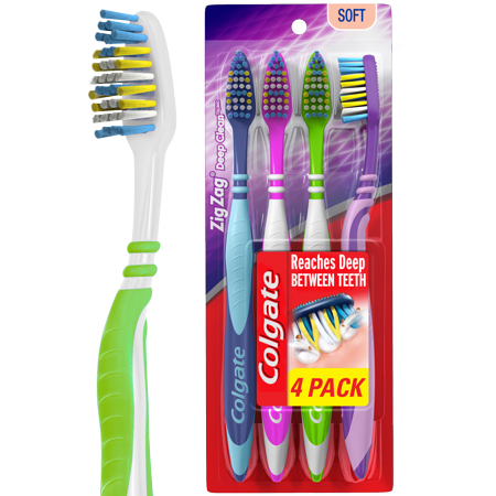 Colgate ZigZag Deep Clean Manual Toothbrush with Tongue and Cheek Cleaner, Soft, 4 Ct