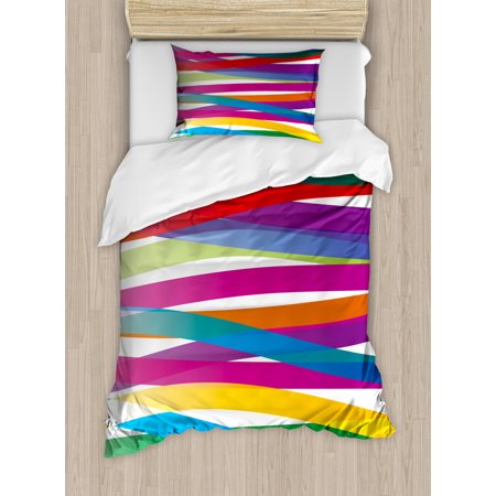 Colorful Twin Size Duvet Cover Set, Multicolor Ribbon Style Abstract Design Vivid Rainbow Pattern Artistic Expression, Decorative 2 Piece Bedding Set with 1 Pillow Sham, Multicolor, by Ambesonne
