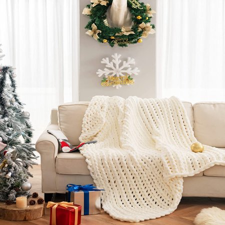 Comtest Chunky Knit Throw Blanket Soft Warm Chenille Blanket, Milk White, 40" x 40"(Single Sofa)