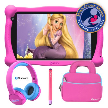 Contixo 7 inch Kids Learning Tablet, Bluetooth Kids Wireless Headphone and Tablet Bag bundle with Teacher approved apps and parent control Pink set