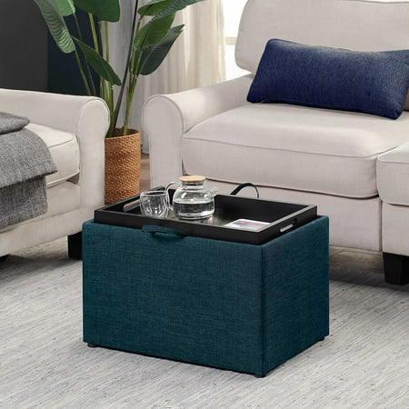 Convenience Concepts Designs4Comfort Accent Storage Ottoman with Reversible Tray, Dark Blue Fabric