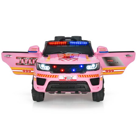 Costway 12V Kids Police Ride On Car RC Electric Truck w/LED Lights & Siren Pink